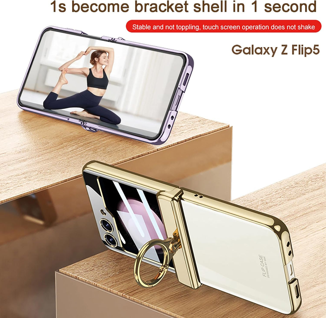 CeeEee Kompatibel mit Samsung Galaxy Z Flip 5 Handyhülle Ring Ständer Transparent Bildschirmschutz H