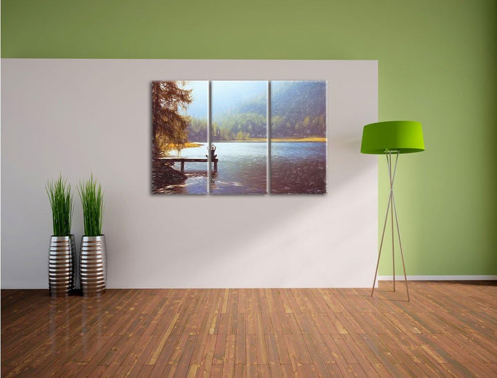 Pixxprint Yoga am See / 3-Teilig/Gesamtmass 120cm Leinwandbild bespannt auf Holzrahmen/Wandbild Kuns