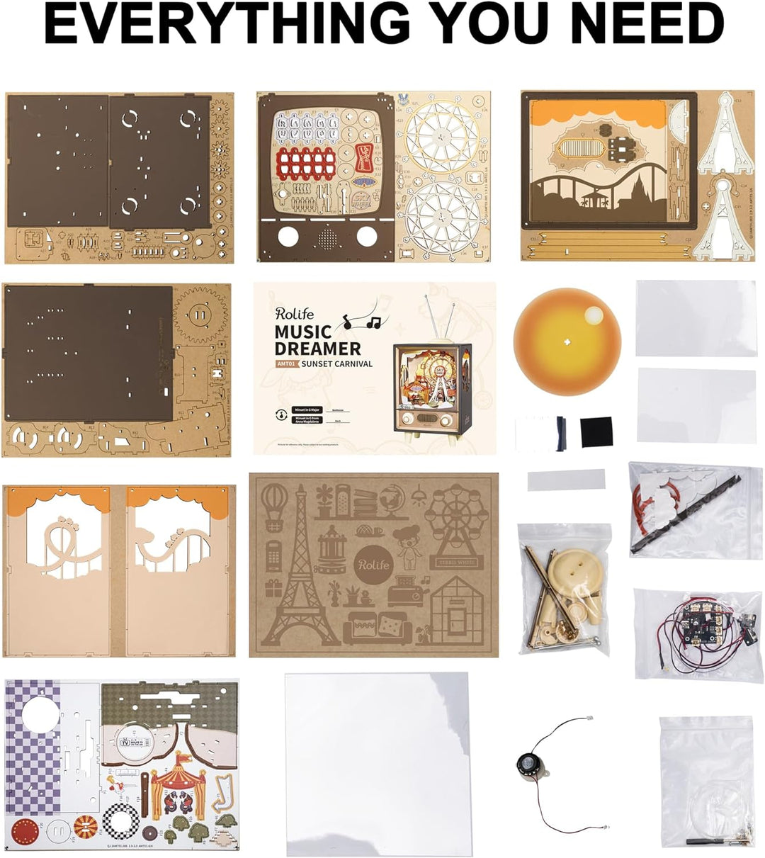 Rolife 3D Puzzles Holz Spieluhr Sonnenuntergang Karneval Miniatur Szene Retro Fernsehen Modell Bausä