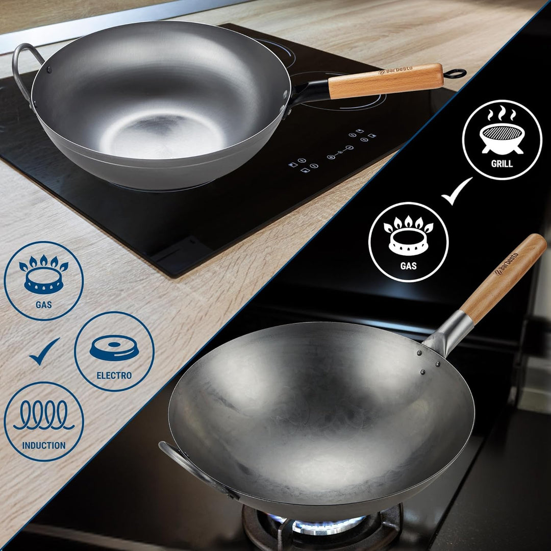 CLP Wok-Set aus Karbonstahl I Flacher oder runder Boden für Gas, Induktion und Grill I Wokpfanne mit
