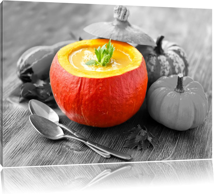 schmackhafte Kürbissuppe in Kürbis schwarz/weiss Format: 100x70 auf Leinwand, XXL riesige Bilder fer