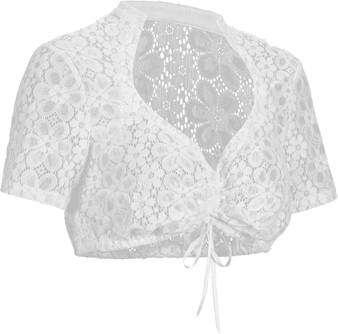 Dirndlparty Dirndlbluse Damen Schlicht, Kurzarm Dirndl Bluse Creme Spitze Trachtenbluse Oktoberfest
