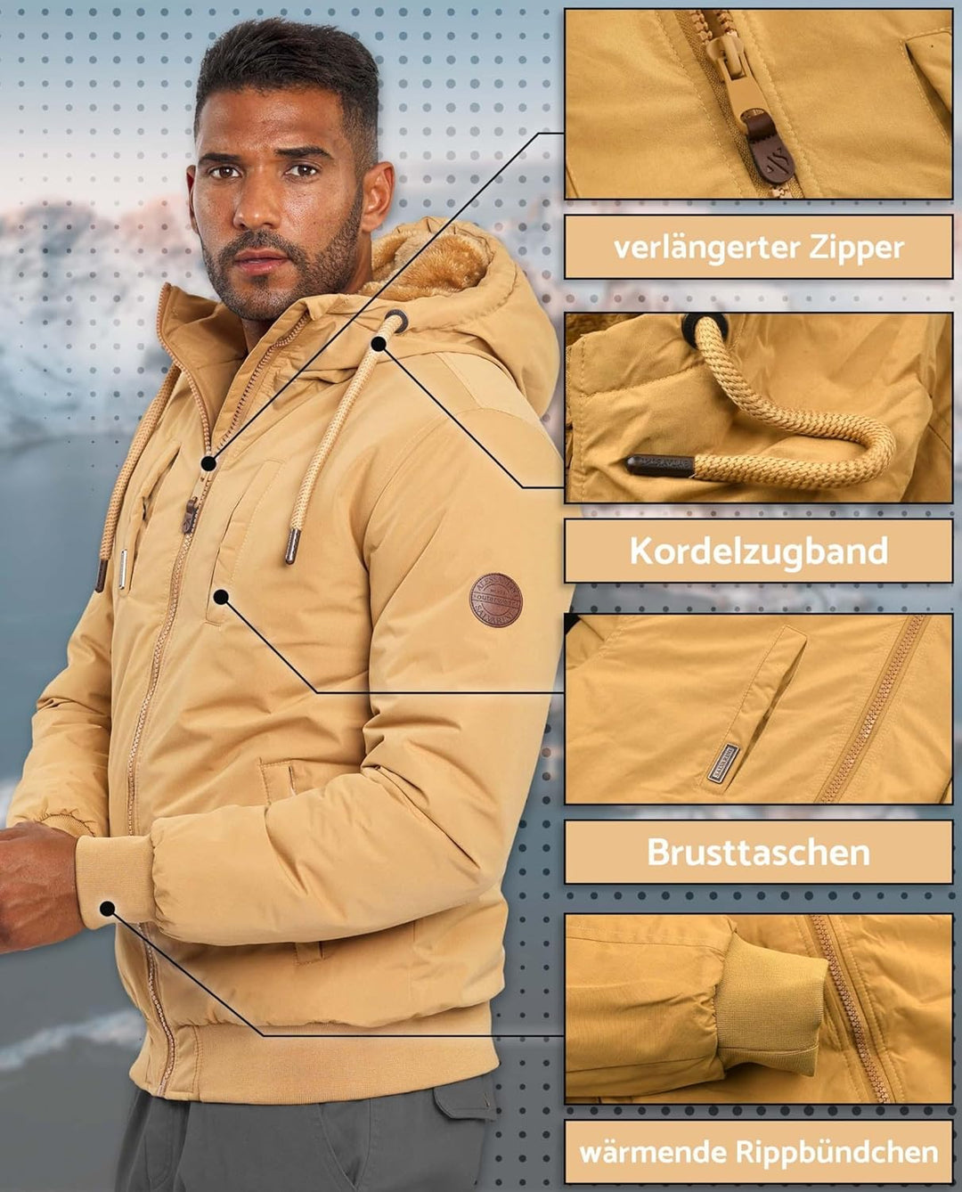 ALESSANDRO SALVARINI Herren Winterjacke (S-3XL) mit Kapuze - Teddyfleece innen komplett, Winddicht,