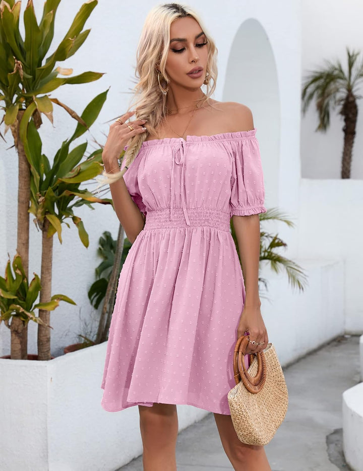 KOJOOIN Damen Kleider MiniKleid Swiss dot Kurzarm Puffärmel mit Rüsche trägerlos Kleider Tupfen Frei