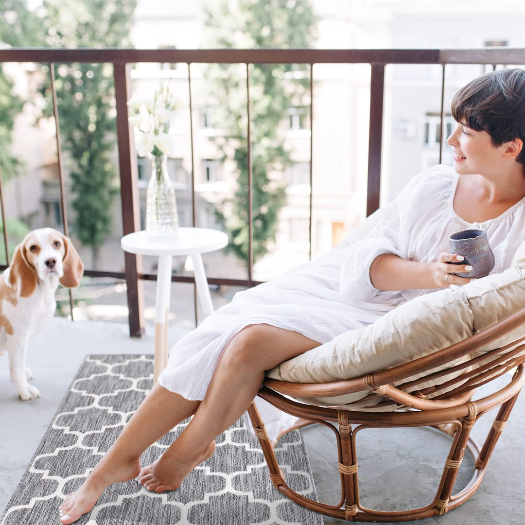 payé Outdoor Teppich Wetterfest - 80x250cm Läufer - Grau Weiss - Netz Raute - Teppiche für Terrasse