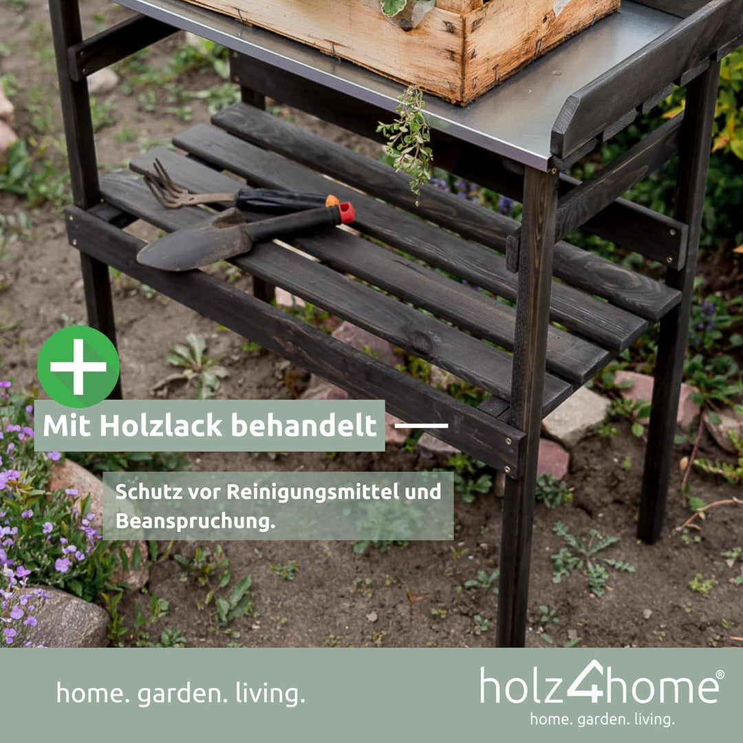 holz4home® Holz Pflanztisch Schwarz mit 2 Ablagen aus Fichtenholz I Tisch für Gartenarbeiten im Inne