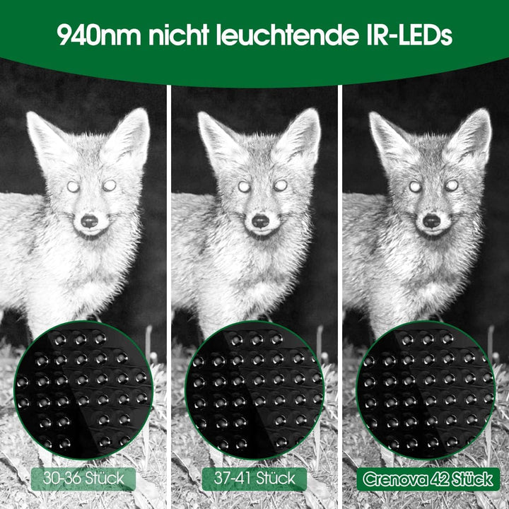 Crenova Wildkamera 4K 32MP mit 32GB microSD 940nm IR LEDs Bluetooth Bewegungsmelder Nachtsicht Spiel