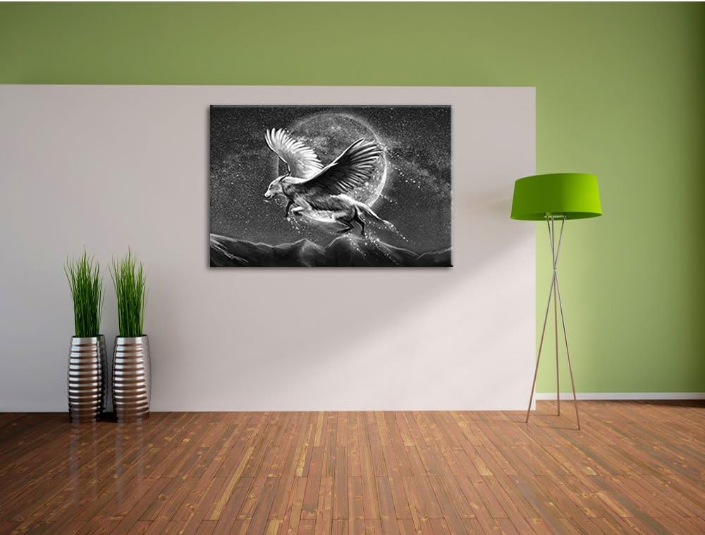 Pixxprint Wolf mit Flügeln Kunst B&W / 100x70cm Leinwandbild bespannt auf Holzrahmen/Wandbild Kunstd