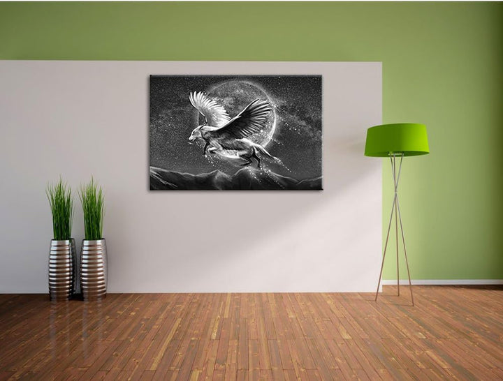 Pixxprint Wolf mit Flügeln Kunst B&W / 100x70cm Leinwandbild bespannt auf Holzrahmen/Wandbild Kunstd