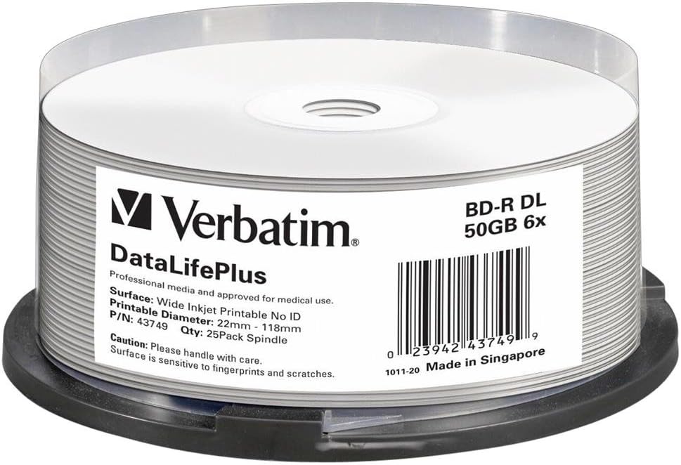 Verbatim BD-R DL Blu-ray Rohlinge 50 GB, Blu-ray-Disc mit 6-facher Schreibgeschwindigkeit, 25er-Pack
