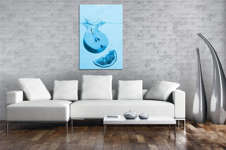 deyoli köstlicher Apfel mit Zitronenscheibe Format 80x60 Effekt: Monocrome Blau als Leinwandbild, Mo