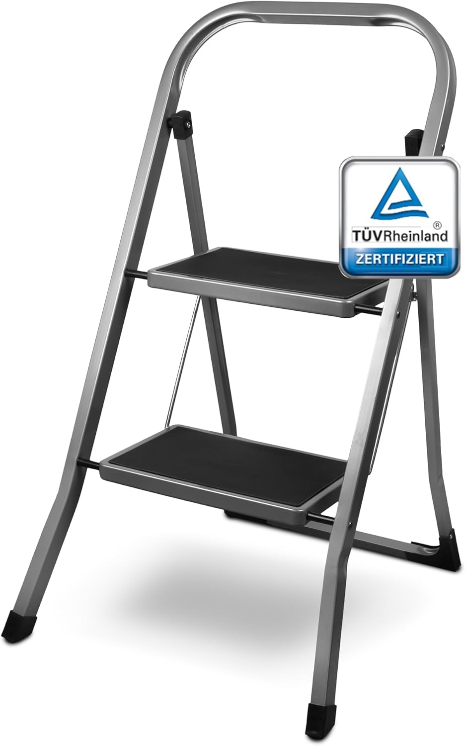 siwitec Klapptritt aus Stahl mit 2 Stufen, anthrazit, kleine Leiter mit Anti-Rutschmatten, 150 kg Tr