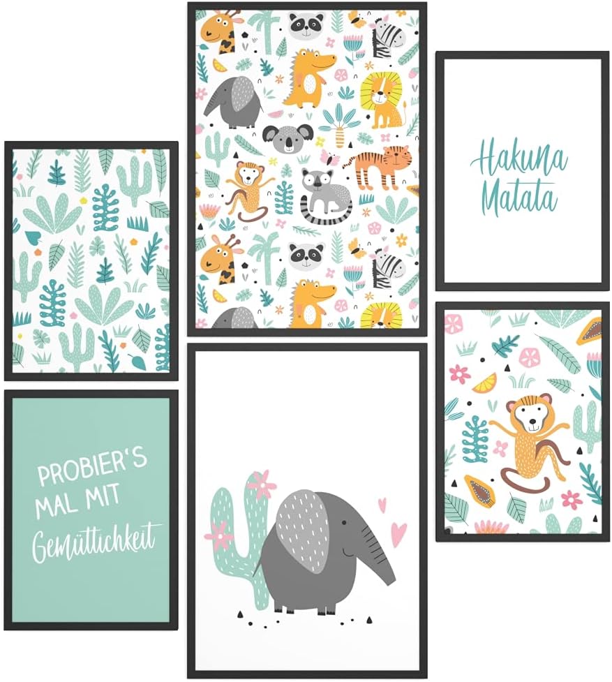 Papierschmiede® Bilder Kinderzimmer Kids Mood Poster Set Hakuna Matata Tiere, Kinderzimmer Bilder Ba