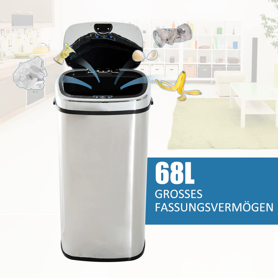 HOMCOM Mülleimer Automatik mit Sensor Abfalleimer Küche Edelstahl Silber (68L), 68L