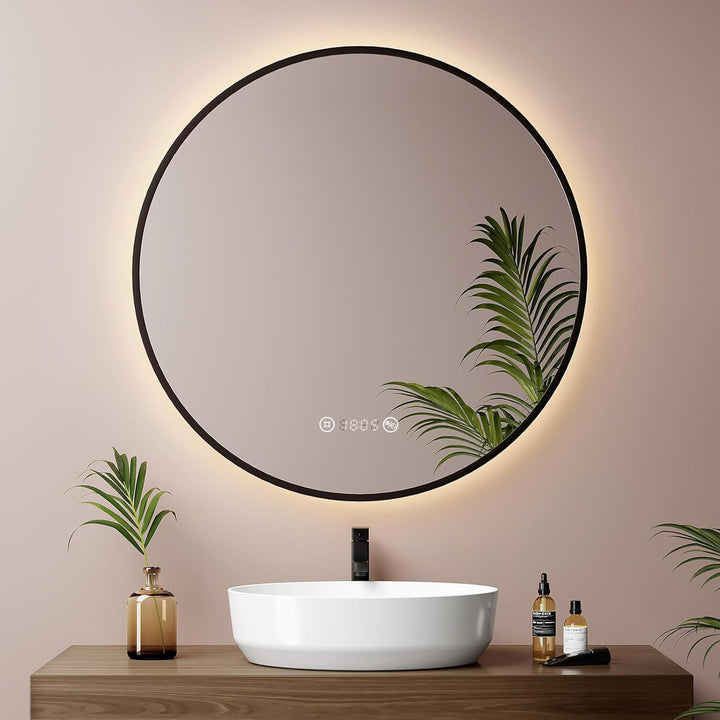 EMKE LED Badspiegel Rund Spiegel mit Beleuchtung ф70cm Badspiegel Schwarzer Rand Badezimmerspiegel m