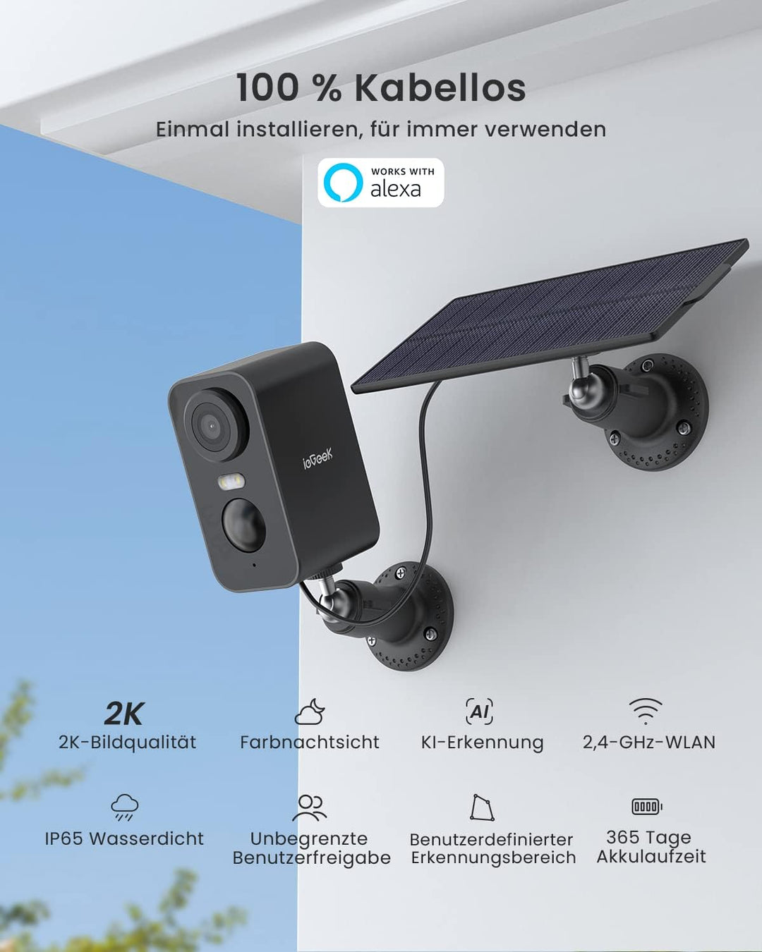 ieGeek 2K (Type-C) Überwachungskamera Aussen Akku Kabellose mit Solarplatten, 5200mAh Akku Kamera Üb
