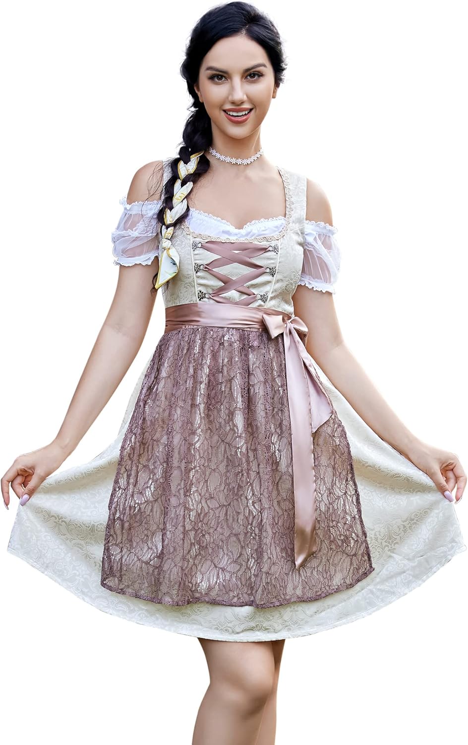 KOJOOIN Trachtenkleid Damen Dirndl Kurz Midi 3tlg. für Oktoberfest-DREI Teilig: Kleid, Bluse, Schürz