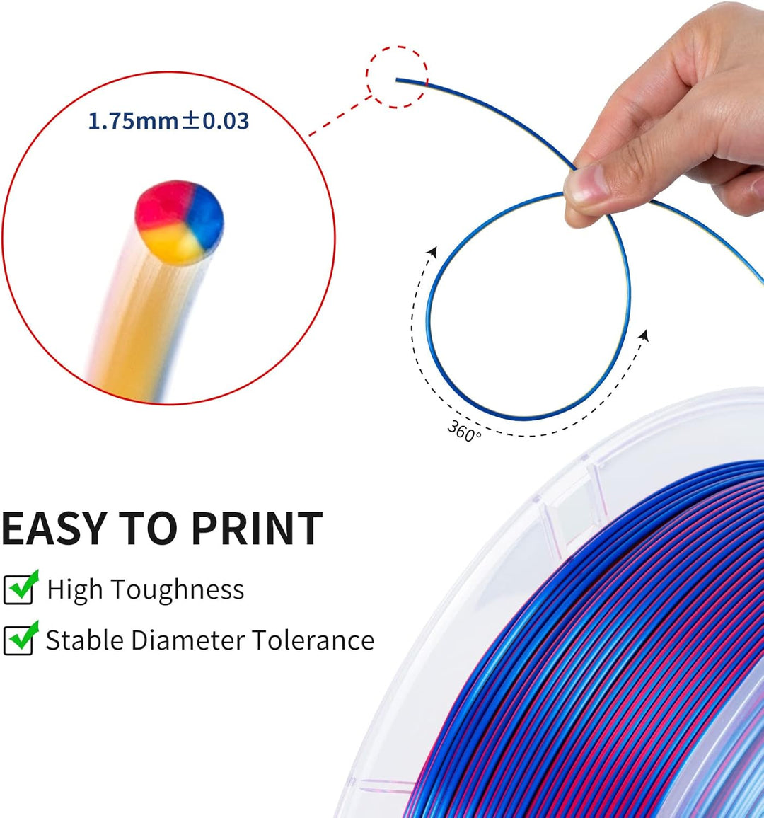 TRONXY 3D Drucker Filament, Triple Color Coextrusion PLA Filament 1.75mm, Seidenrot Gelb Blau Filame