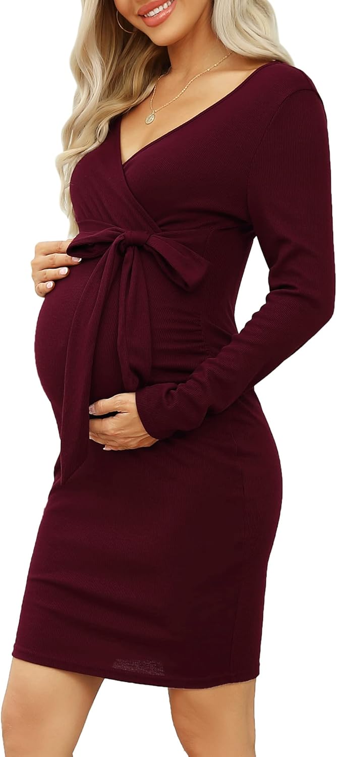 KOJOOIN Damen Umstandskleid Enge Langarm Stillkleid V-Ausschnitt Schwangere Kleider Mutterschaft Sch