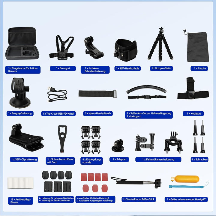 58 in 1 Action Kamera Zubehör Kit, Kompatibel mit DJI Osmo Action 5/4/3/2, Kompatibel mit Insta360 G