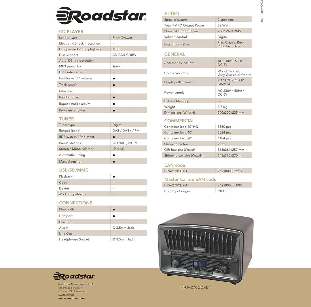 Roadstar HRA-270CD+BT Tragbares CD-Radio Vintage Digital Dab/Dab+/FM, CD-MP3-Player, Bluetooth, USB,