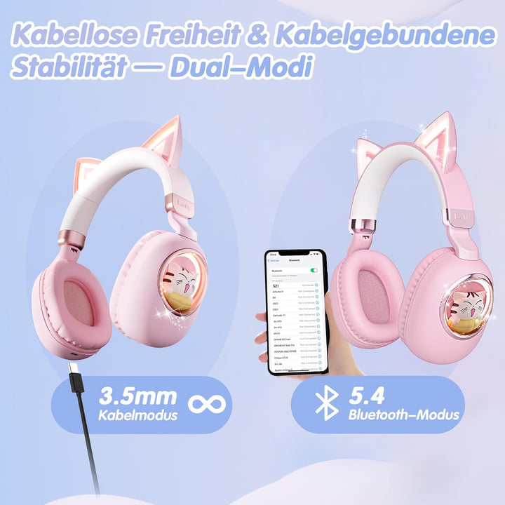 sunvito Kinder Kopfhörer Bluetooth 5.4, LED Beleuchtetes Katzenohr, Faltbarer Over-Ear Kopfhörer mit