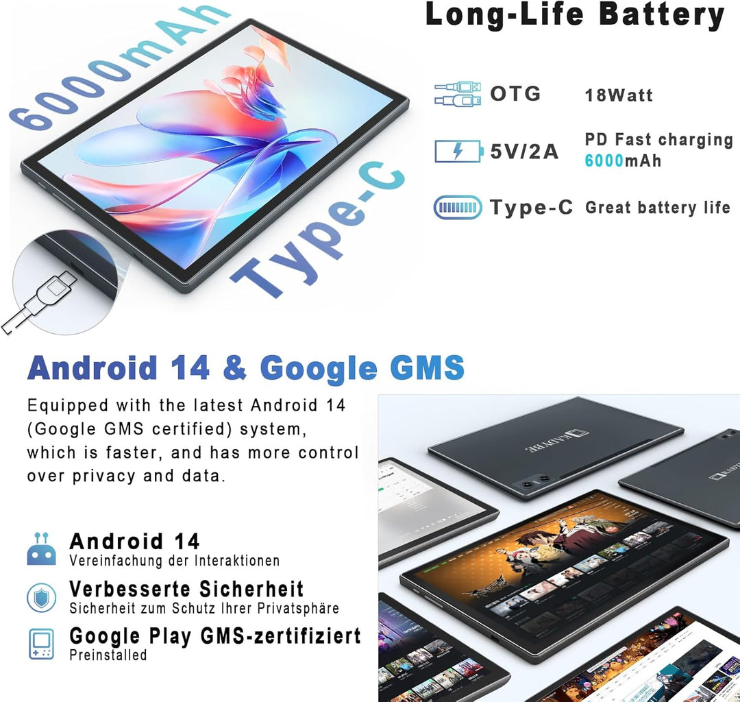 KADYBE 2024 Neueste WLAN 6 Android 14 Tablet 10 Zoll,64GB ROM (512GB TF),Octa-Core,| Google GMS-Zert
