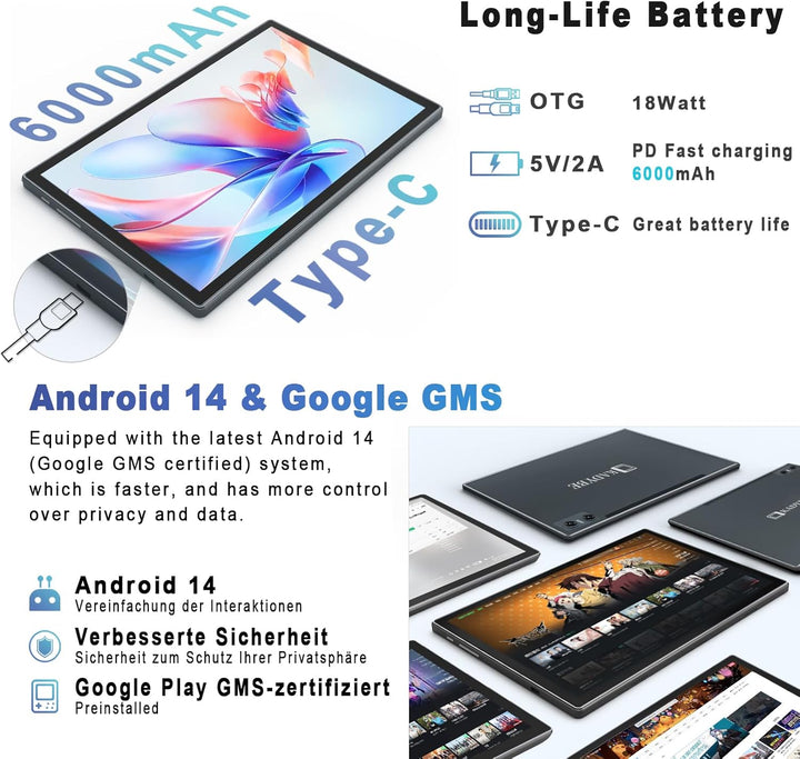 KADYBE 2024 Neueste WLAN 6 Android 14 Tablet 10 Zoll,64GB ROM (512GB TF),Octa-Core,| Google GMS-Zert