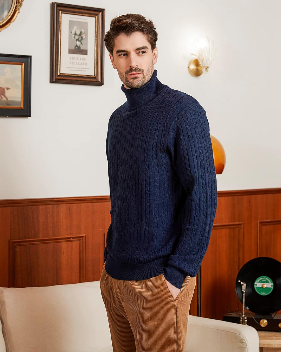 Kallspin Herren Turtleneck Wollmischung Rollkragen Pullover Relaxed Fit Langarm Zopfstrick Jumper L