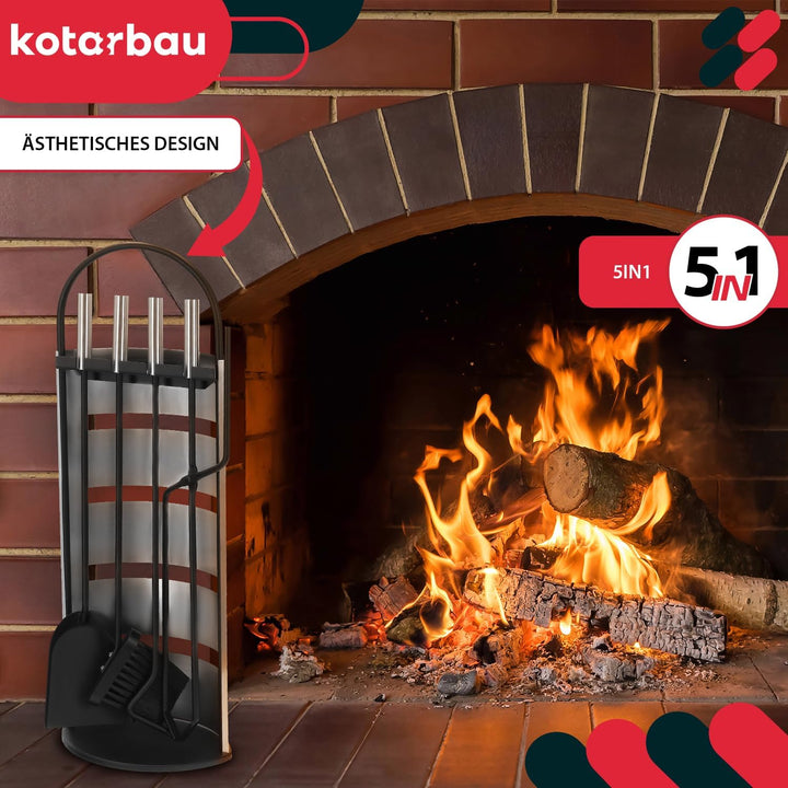 KOTARBAU® 5tlg. Edelstahl Kamingarnitur Schwarz mit Silbernem Griff
