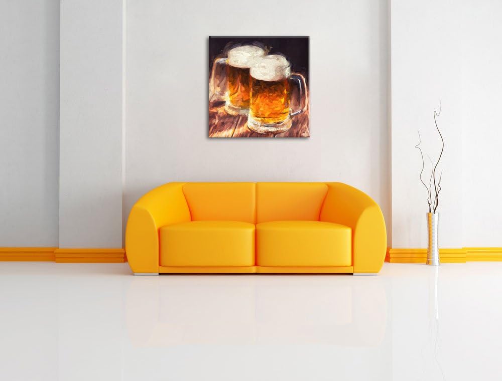 Pixxprint Zwei Masskrüge Bier als Leinwandbild/Grösse: 70x70 cm/Wandbild/Kunstdruck/fertig bespannt,