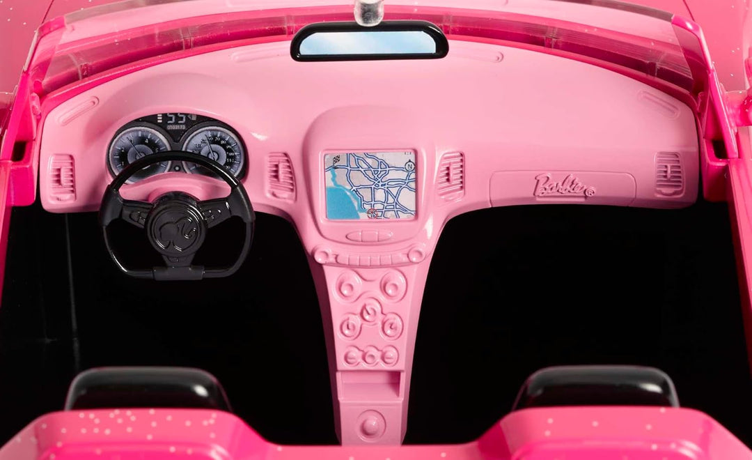 Barbie-Puppe und Auto, Barbie-Auto in glänzendem Pink, Cabrio-Auto mit schwarzem Innenraum, Sicherhe