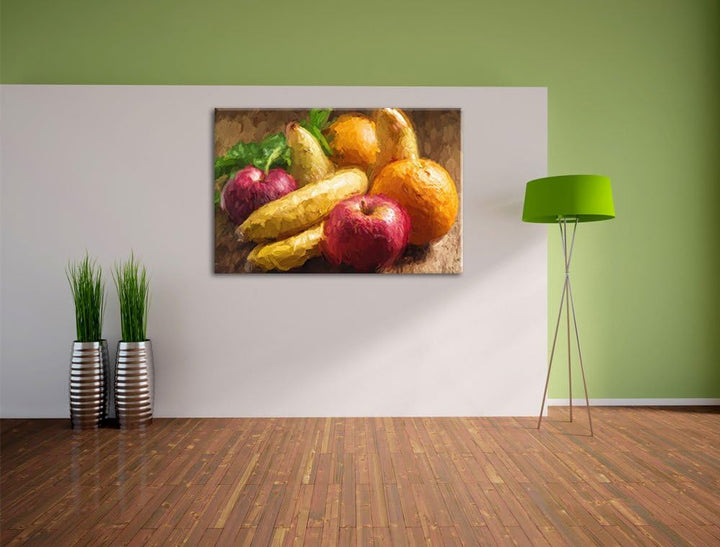 Früchte Pinsel Effekt, Format: 100x70 auf Leinwand, XXL riesige Bilder fertig gerahmt mit Keilrahmen