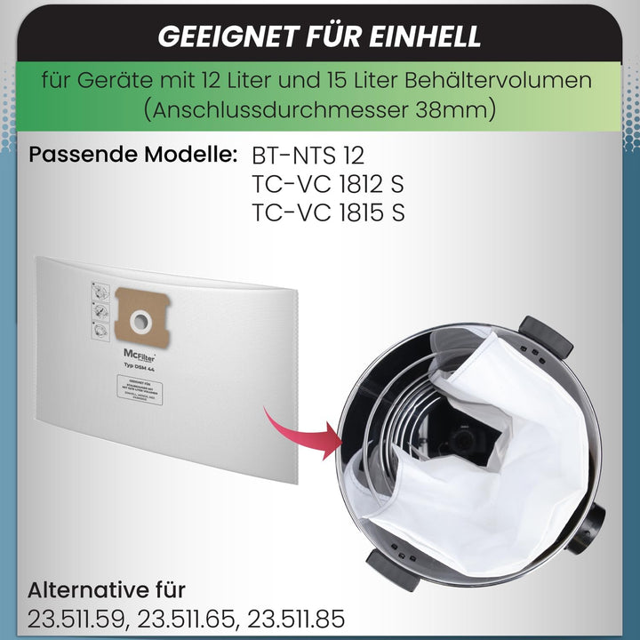 McFilter | 20 Staubsaugerbeutel 12l | kompatibel für ALLE Einhell 12 Liter Nass-Trockensauger | Schm