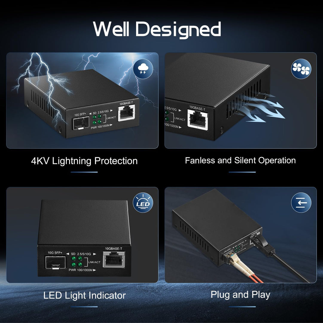 Binardat 10G Fiber Media Coverter, 2 Port 10 Gigabit Ethernet Switch, 1 x 10G RJ45 Port, 1 x 10G SFP