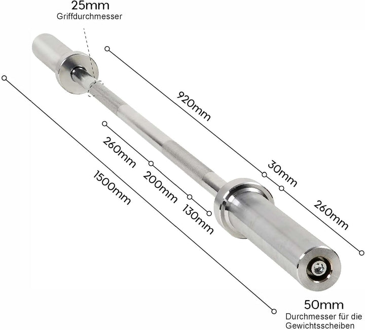 wuuhoo® Langhantelstange Sergio – 150cm Hantelstange 50mm bis 80 KG, olympische Scheibenaufnahme, La