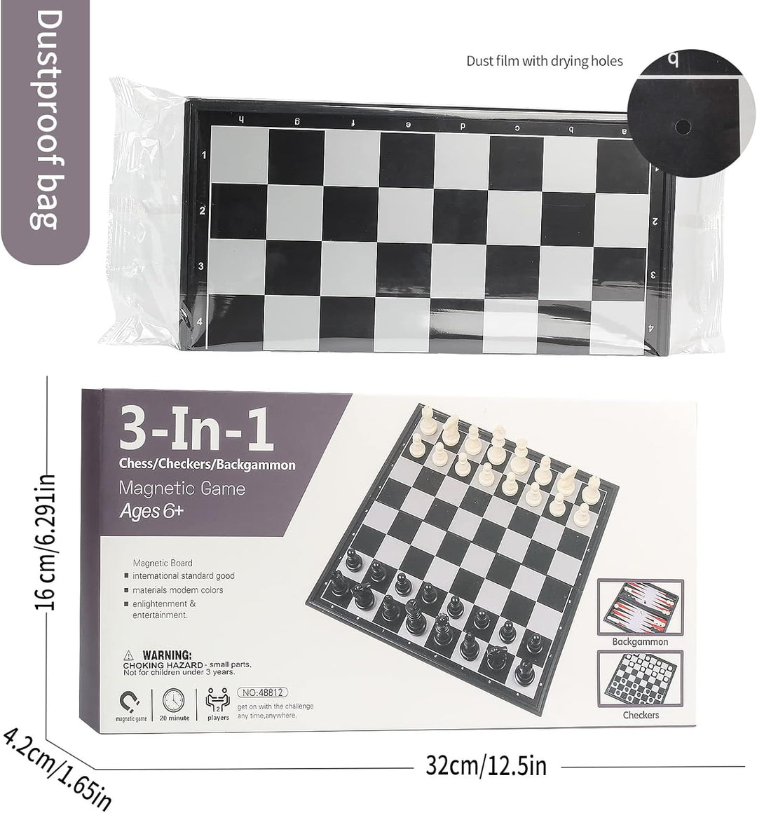 Andux Faltbares magnetisches DREI-in-einem-Brettspiel-Set, Schach, Backgammon, Dame CXYXQ-02 (L) L:3