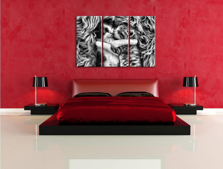 Pixxprint Zwei kuschelnde Kätzchen als Leinwandbild/Grösse: 3 Teilig (120x80) cm/Wandbild/Kunstdruck