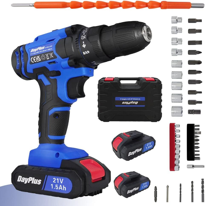 Akku-Bohrmaschine Akku-Schlagbohrschrauber mit 2x1500mAh Lithiumbatterie, 21V Akkuschrauber 45Nm Dre