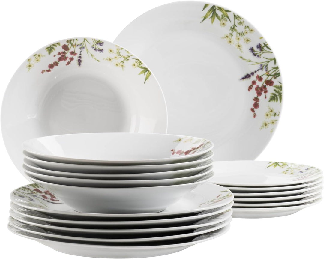 Mäser Herbal Garden, Tellerset für 4 Personen mit detailliertem Blumendekor, 18-tlg. Geschirr Set mi