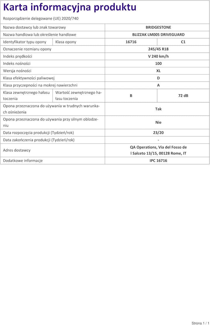Bridgestone BLIZZAK LM005 DRIVEGUARD - 245/45 R18 100V XL - E/A/72 - Winterreifen mit RFT (PKW & SUV