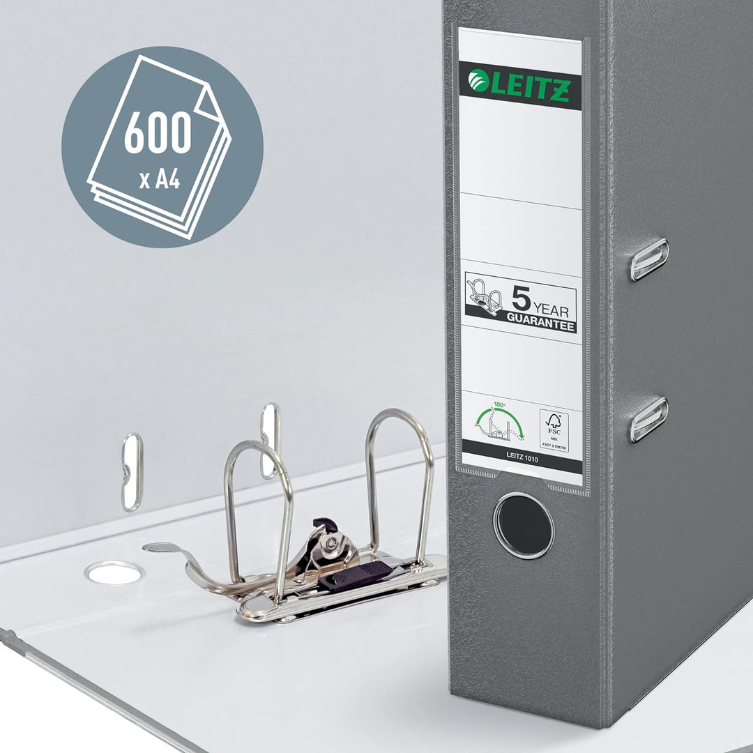 Leitz Qualitäts-Ordner 180° Plastik, 20er Pack, A4, Grau, 8,2 cm Rückenbreite, PP-laminierter Einban