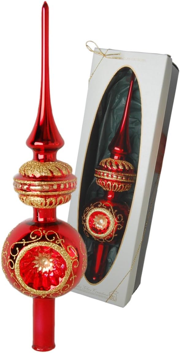 Christbaumspitze glänzend rot mit Dekor, 29 cm in hochwertiger Geschenkbox Doppel Reflex Christbaums
