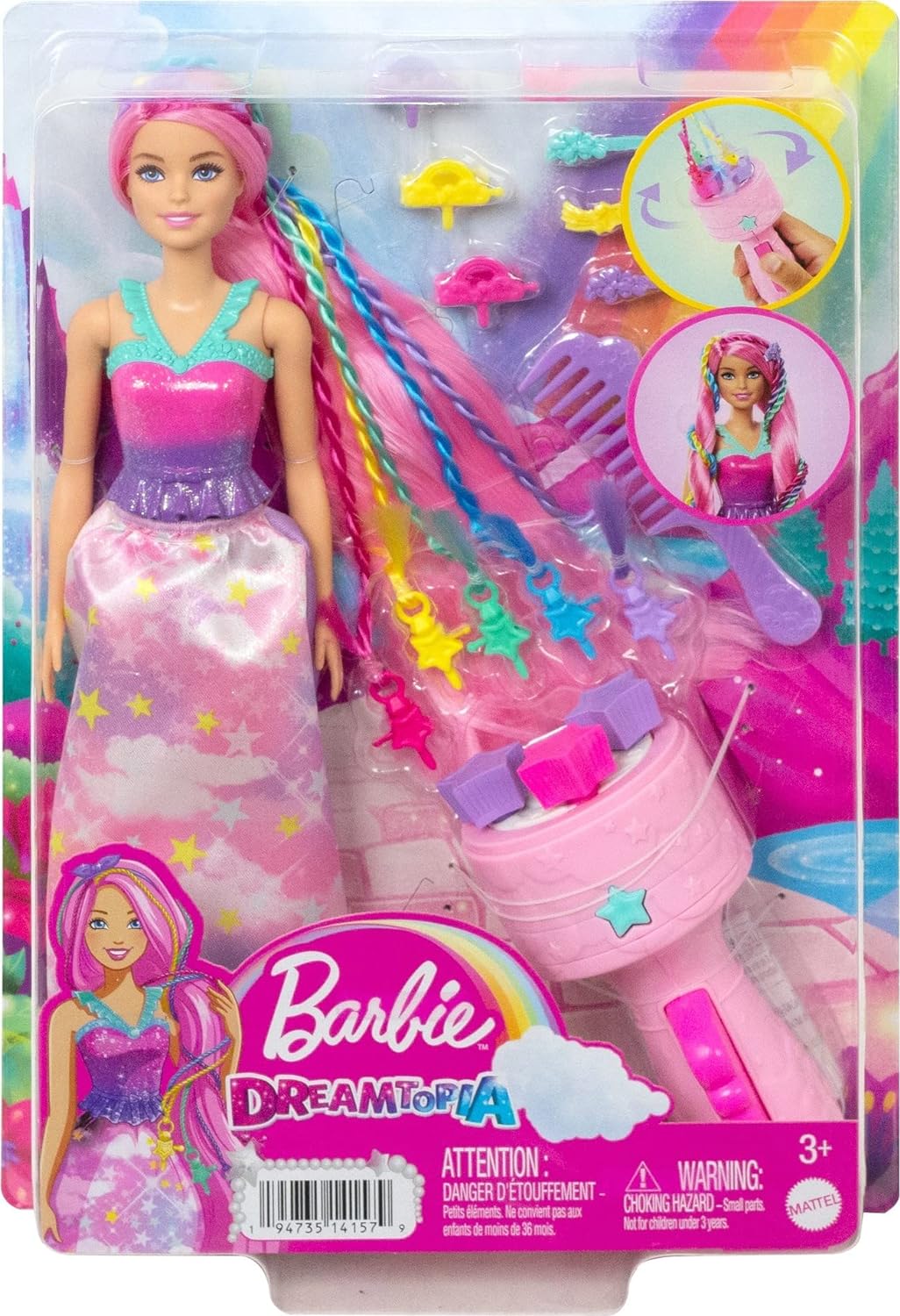 Barbie Dreamtopia, -Puppe mit blonden und regenbogenfarbenen , Regenbogen-Haarverlängerungen Styling