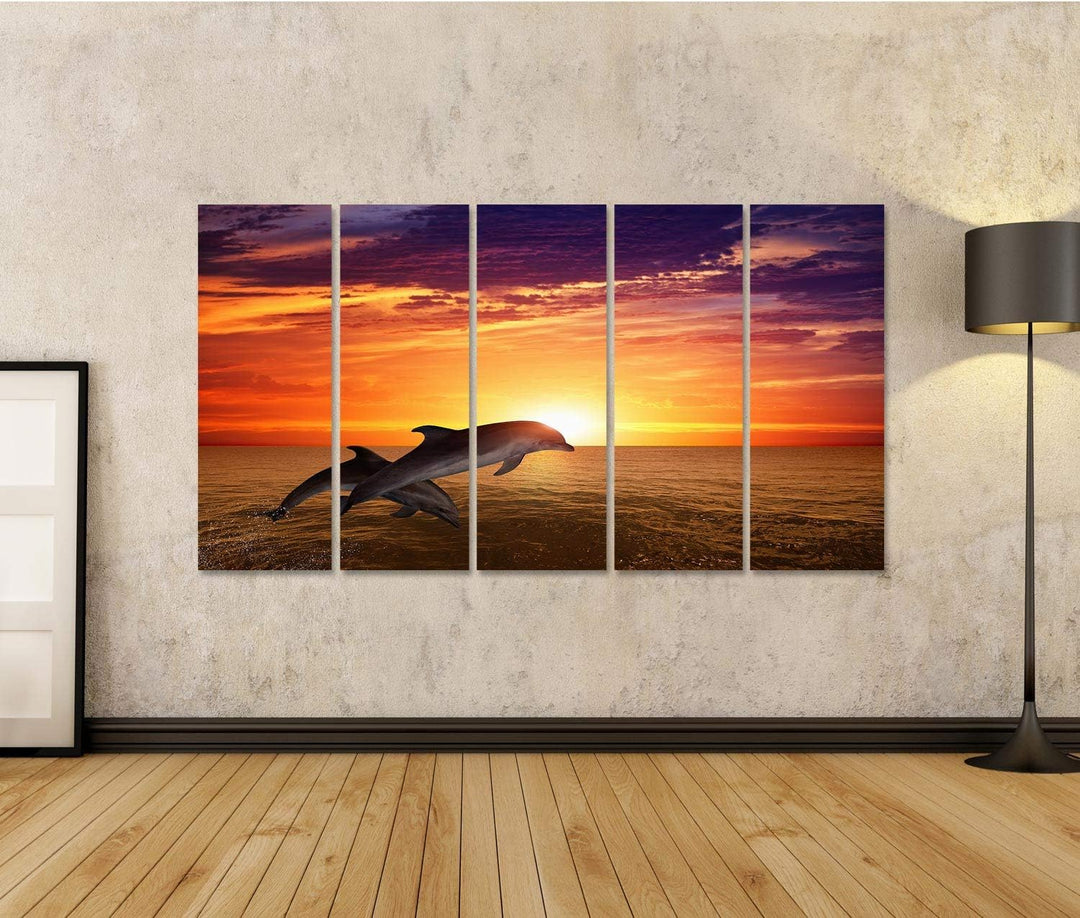 islandburner Bild auf Leinwand Delfin Springende Delfine Schöner Roter Sonnenuntergang Am Meer Bilde