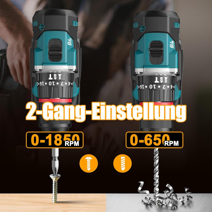Conentool 21V Bürstenlos Akkuschrauber Set, Akku bohrschrauber mit 2x 2500mAh Akkus, 55 N.m Max schl