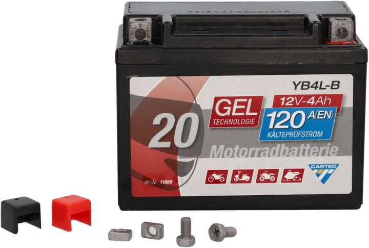 CARTEC Motorradbatterie YB4L-B, 4Ah 56A, Gel Technologie Motorrad-Starter-Batterie, Erstausrüsterqua