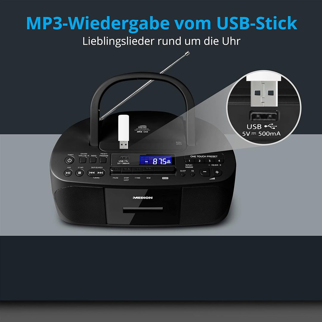 MEDION E65010 Stereoradio (CD-Player, Kassette, USB Anschluss, AUX Audioeingang, MP3-Widergabe. UKW