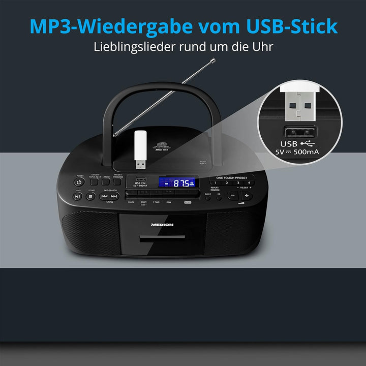 MEDION E65010 Stereoradio (CD-Player, Kassette, USB Anschluss, AUX Audioeingang, MP3-Widergabe. UKW