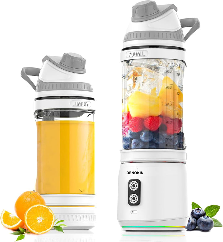DENOKIN Tragbarer Mixer, 700ml Smoothie Maker to Go, Mini-Standmixer mit 6-Klingen Edelstahl, Wieder